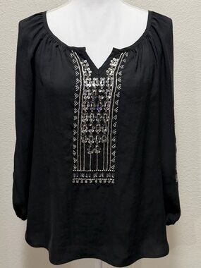 Nanette Lepore black blouse with gold, silver sequins and beading, embroidered